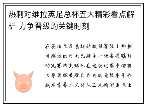 热刺对维拉英足总杯五大精彩看点解析 力争晋级的关键时刻