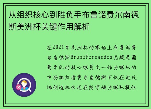 从组织核心到胜负手布鲁诺费尔南德斯美洲杯关键作用解析